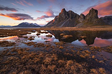 Eystrahorn mountain reflected on the water, south west of Iceland, Europe